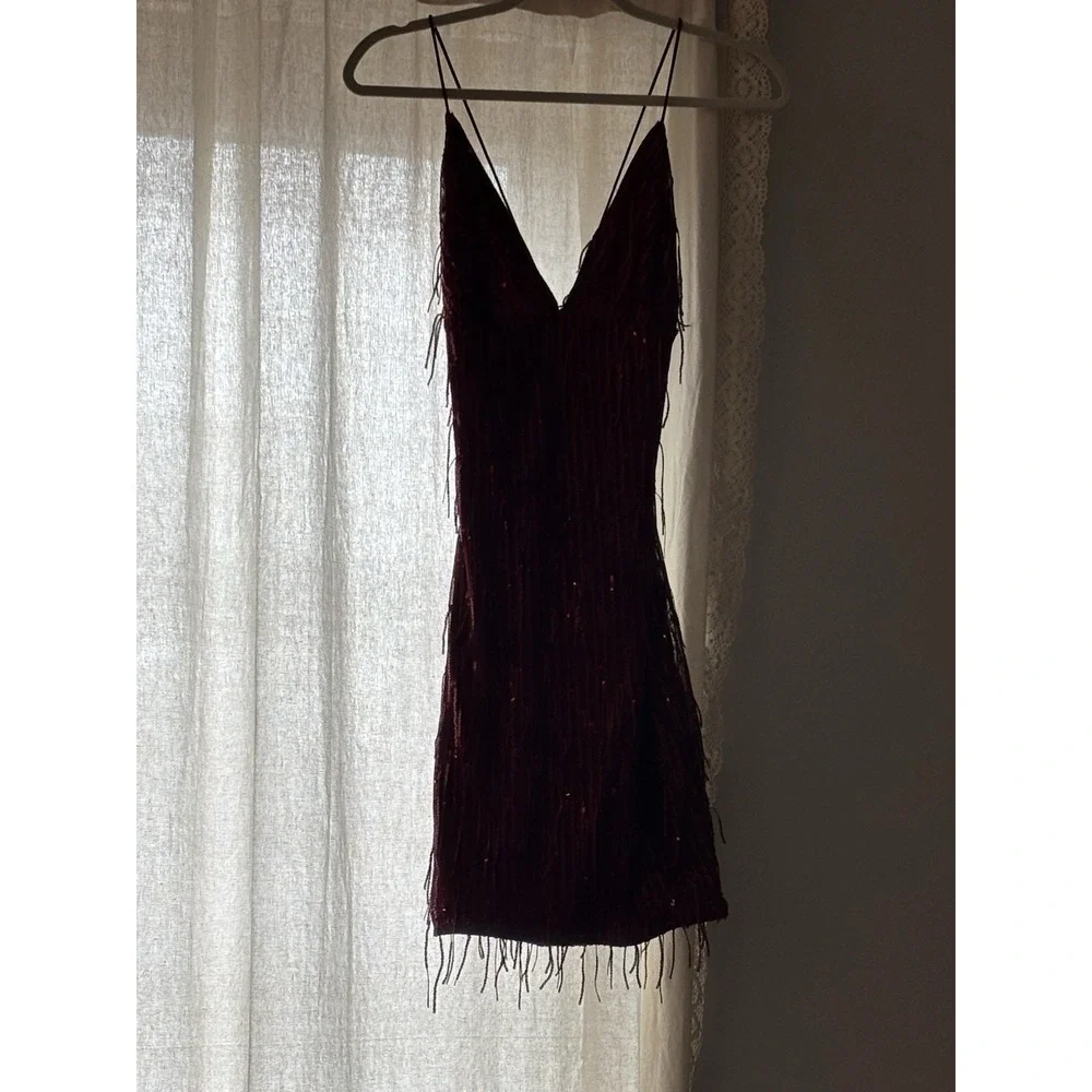 Bear dance Burgundy Sequin‎ Fringe Mini Dress - Size Small - Open Lace Up Back